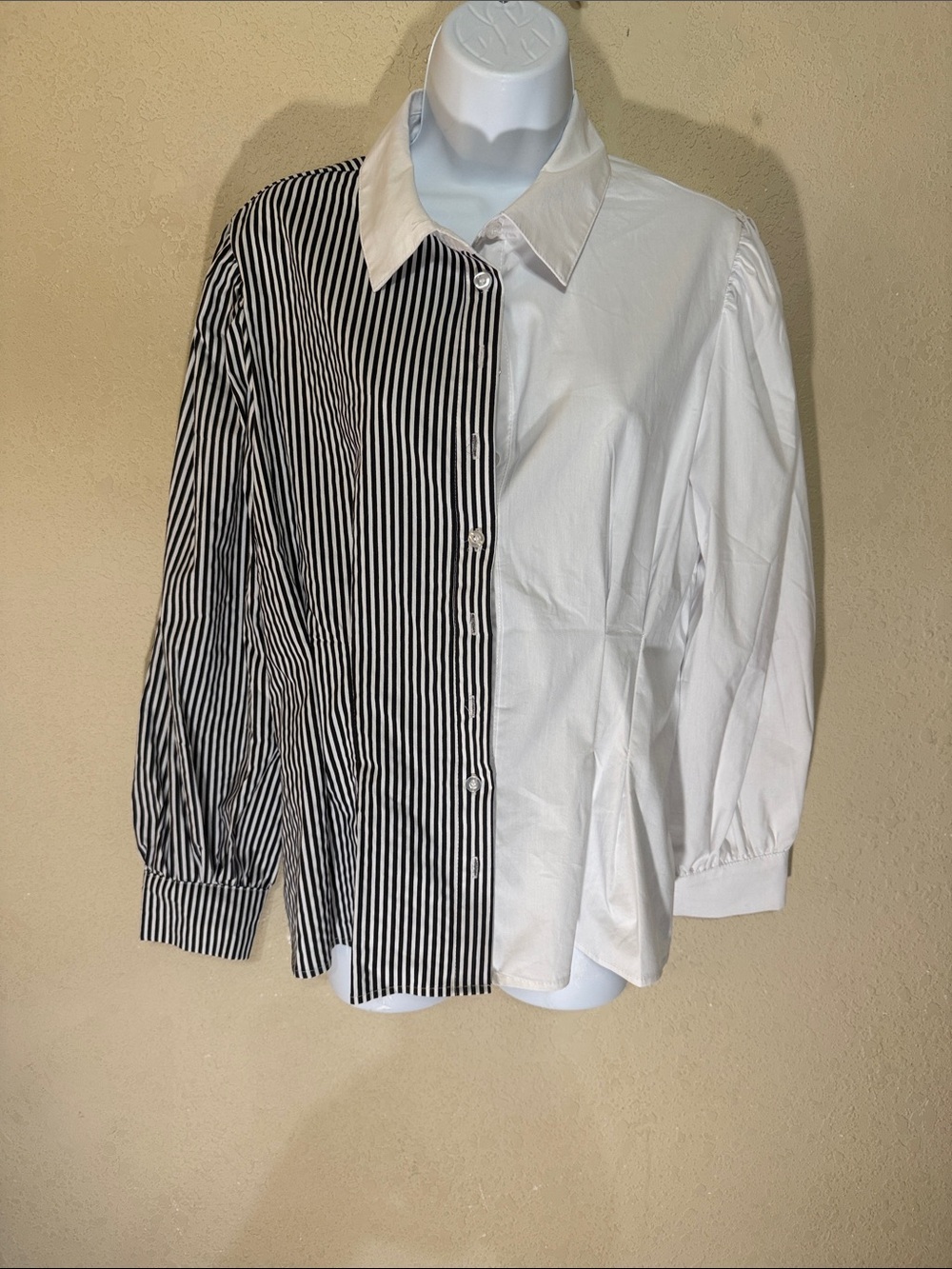 New York & Company Black Stripe and White Two-Tone Button-Down Shirt